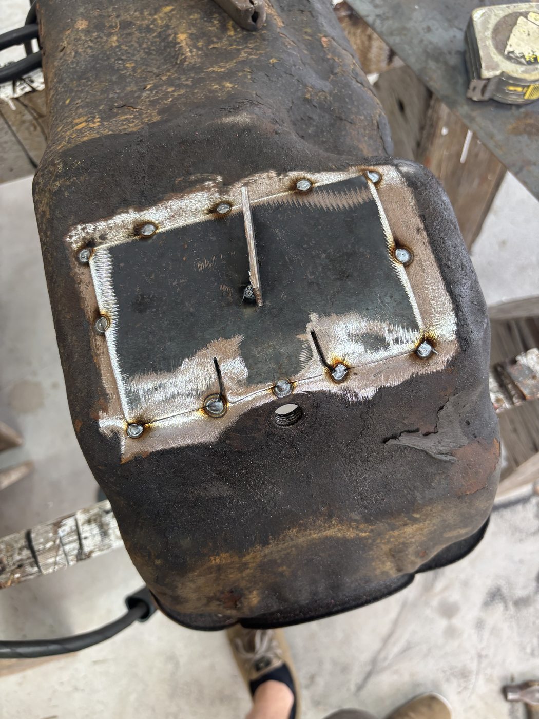 Patch tacked and welded into 1974 Ford F100 oil pan